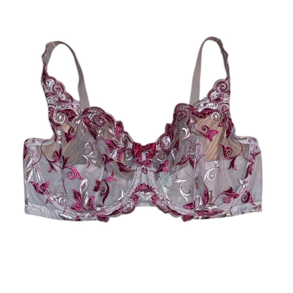 Soma Sheer Lace Underwire Bra, Floral Embroidered, Pink, 38DD